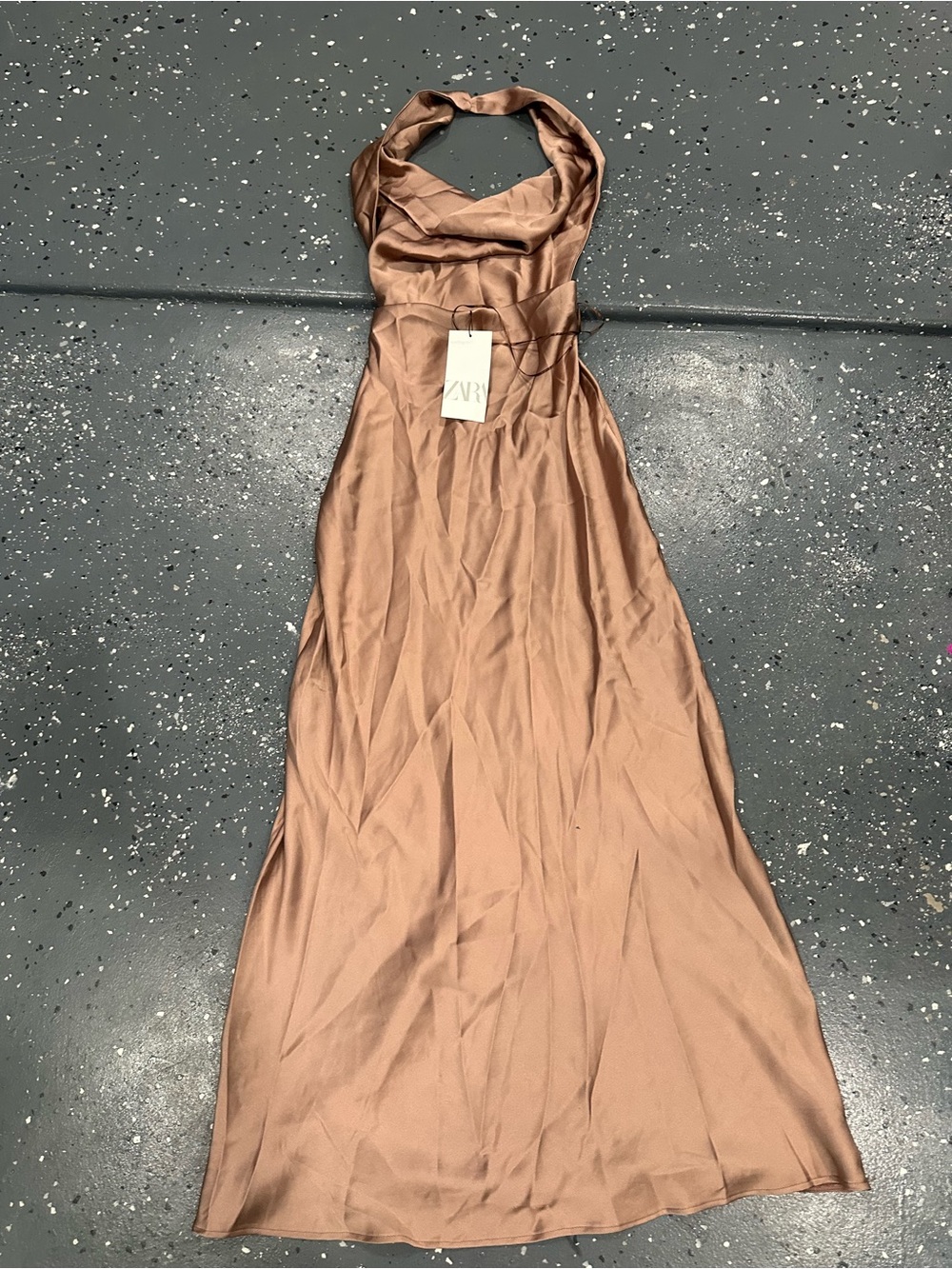Zara Satin Halter Midi Dress in Copper Brown